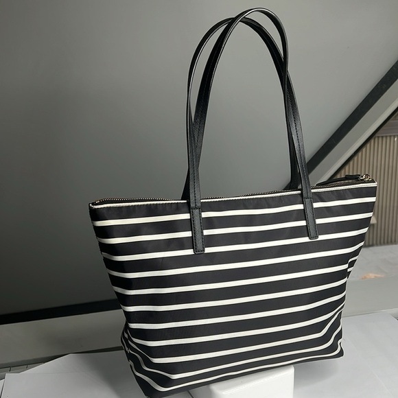 Kate Spade May Street Lida Black Stripe Nylon Zip Top Tote Bag Leather Handles - Picture 5 of 10